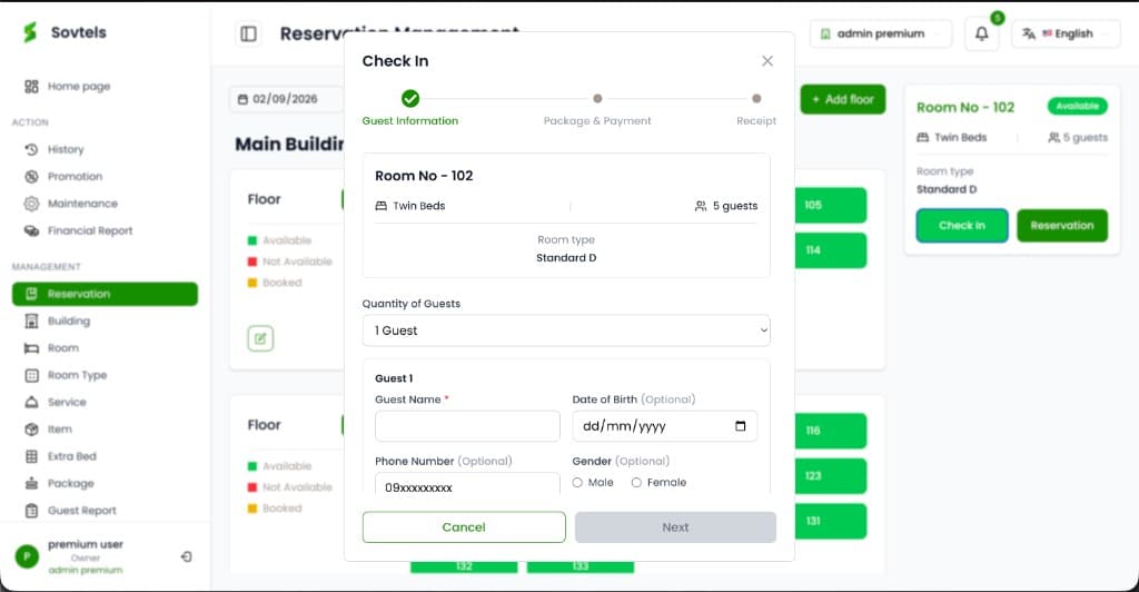 Sovtels check-in flow with guest information