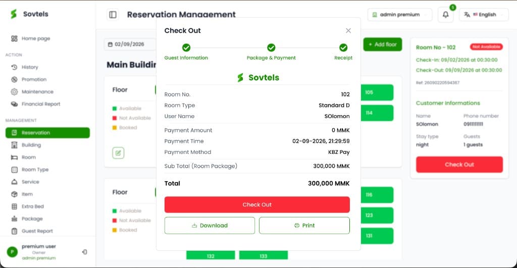 Sovtels check-out receipt with payment summary